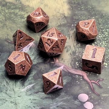 Forged Signature Weathered Gold and Black Metal RPG Dice Set of 7