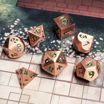 Forged Signature Brushed Copper with Green Glitter Metal RPG Dice Set of 7