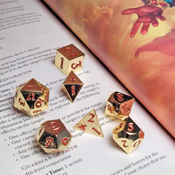 Forged Signature Gold with Red Glitter Metal RPG Dice Set of 7