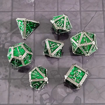 Cryptic Reliquary Silver Green Metal RPG Dice Set