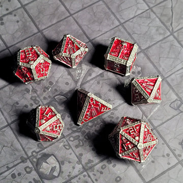 Cryptic Reliquary Silver Red Metal RPG Dice Set