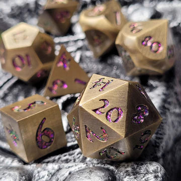 Forged Lore Brushed Brass Purple Glittler Set of 7 Metal Dice Set