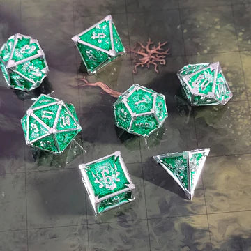 Ossuary Obscura Silver Green Metal RPG Dice Set