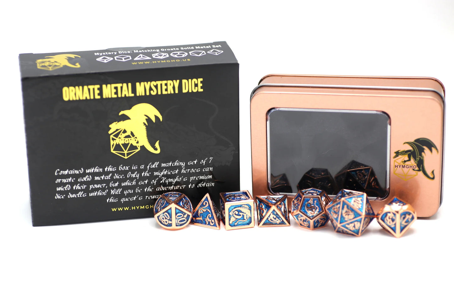 Mystery Set of 7 Matching Ornate Solid Metal Polyhedral RPG Dice