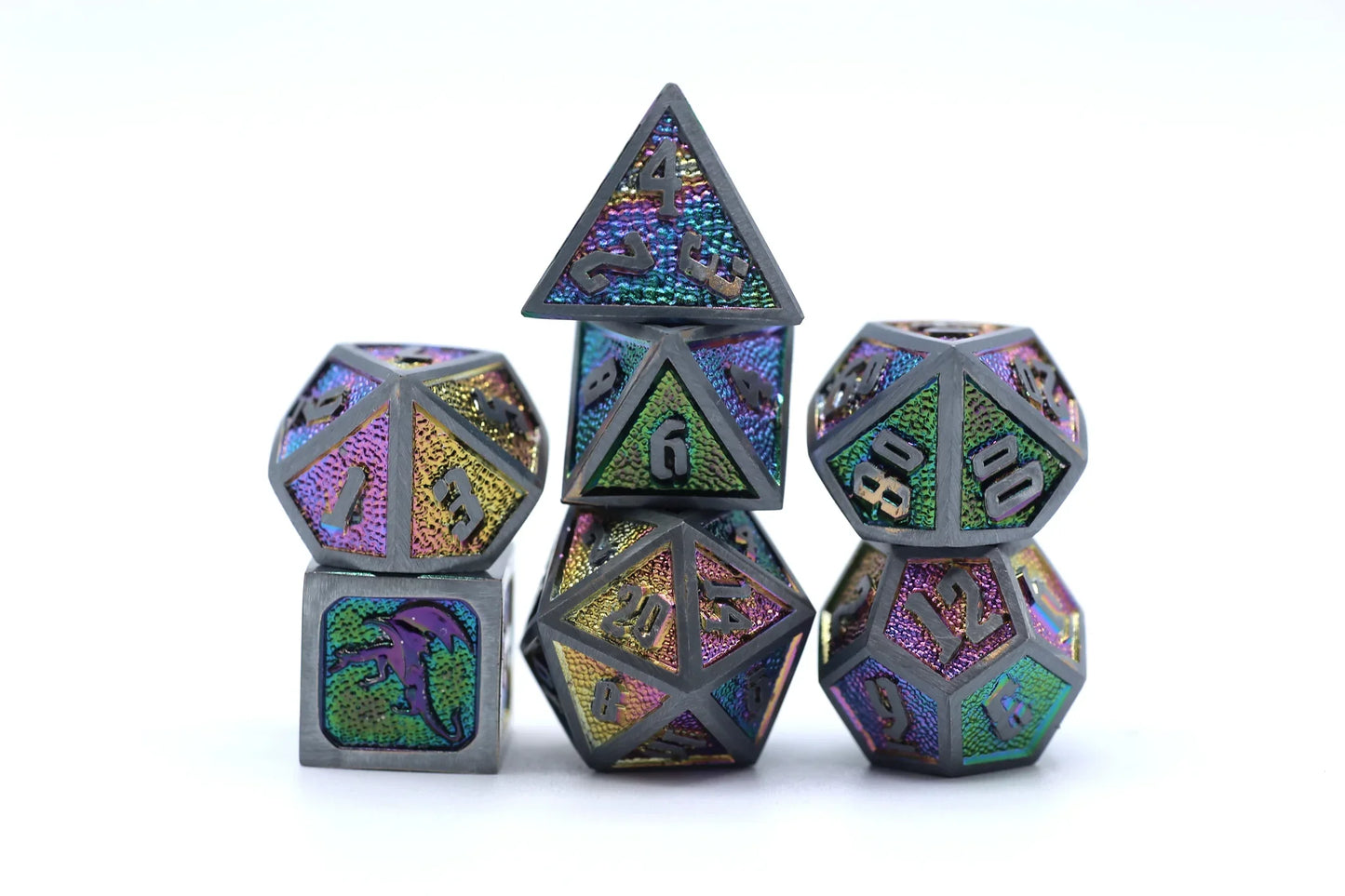 Draconis Solid Metal Polyhedral Dice set - Brushed Rainbow