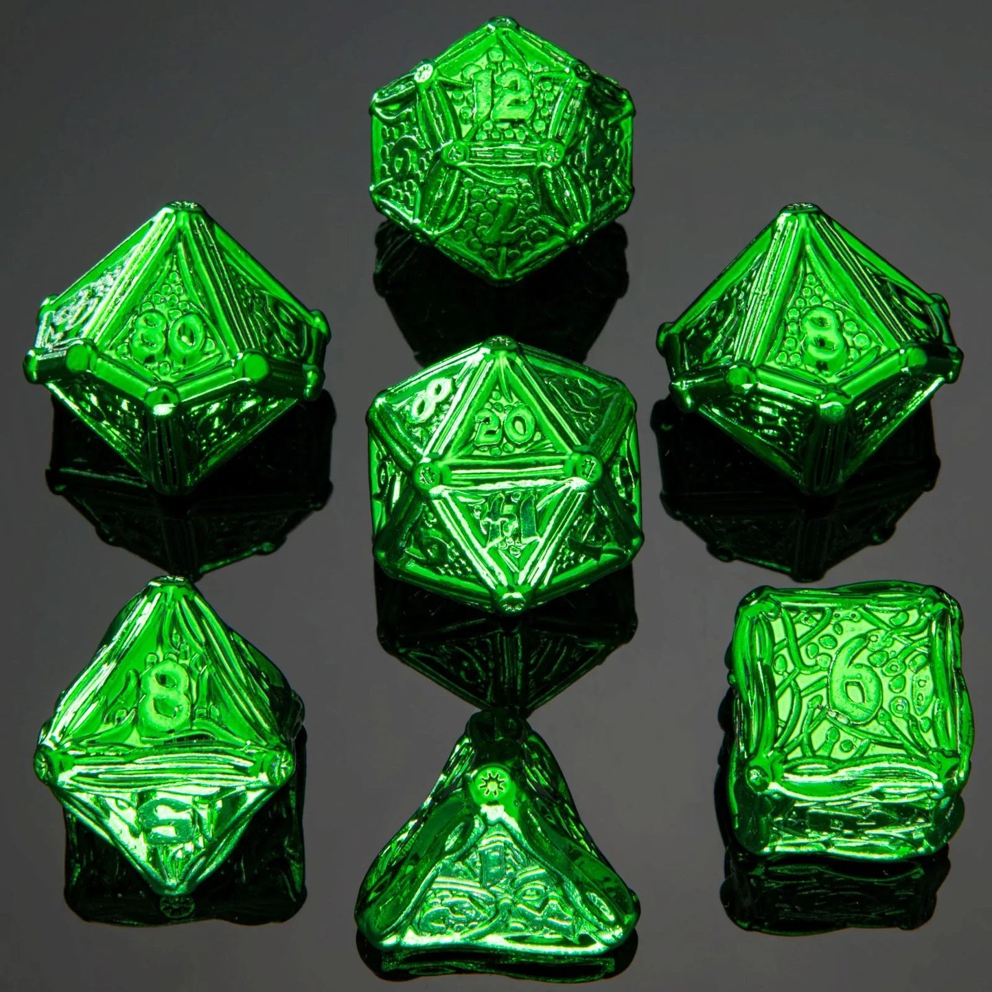 Solid Metal Druid Polyhedral Dice Set - Green