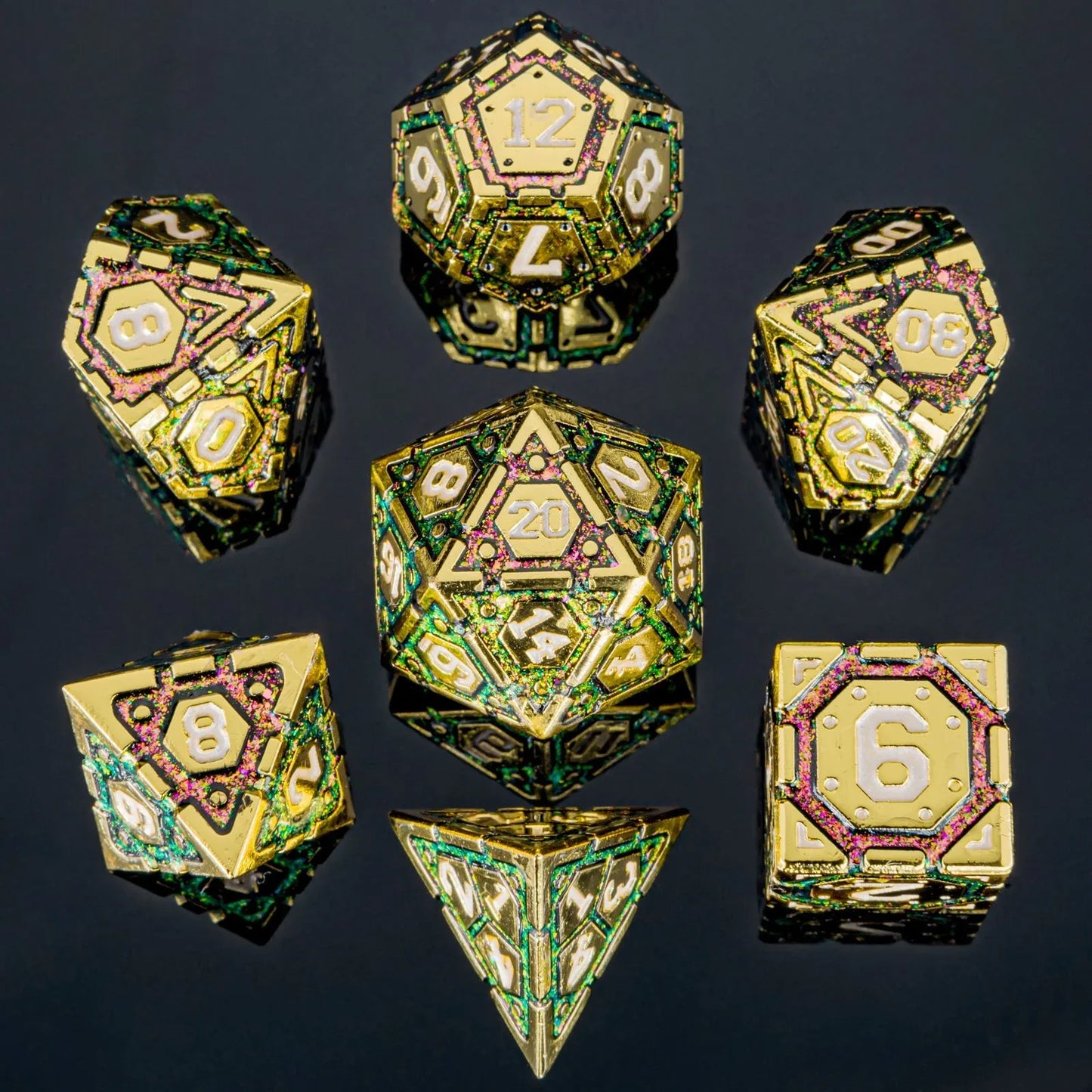 Solid Metal Star Map Dice set - Gold w/ Purple