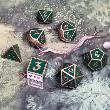 Guardian Antiqued Gold Green Metal RPG Dice Set of 7