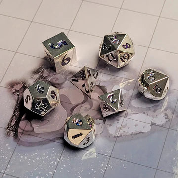 Forged Signature Chrome Silver Blue Glitter Metal RPG Dice Set of 7