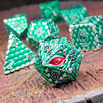 Dragon's Gaze Silver Green Metal RPG Dice Set