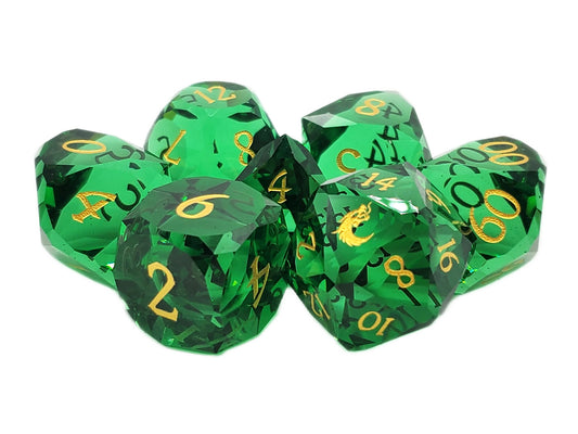 Old School Dice: Gemstone 7-Piece Set - Diamond Cut - Green Tourmaline