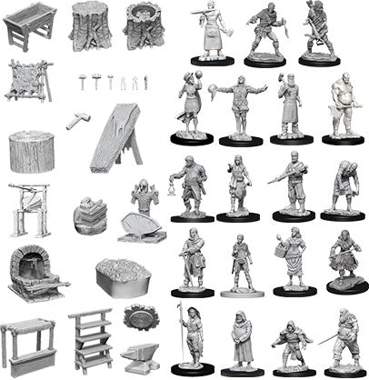 WizKids Deep Cuts Unpainted Miniatures: W8 Townspeople & Accessories