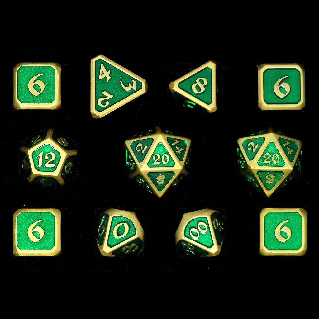 Die Hard Dice 11 Piece RPG Set - Mythica Satin Gold Emerald