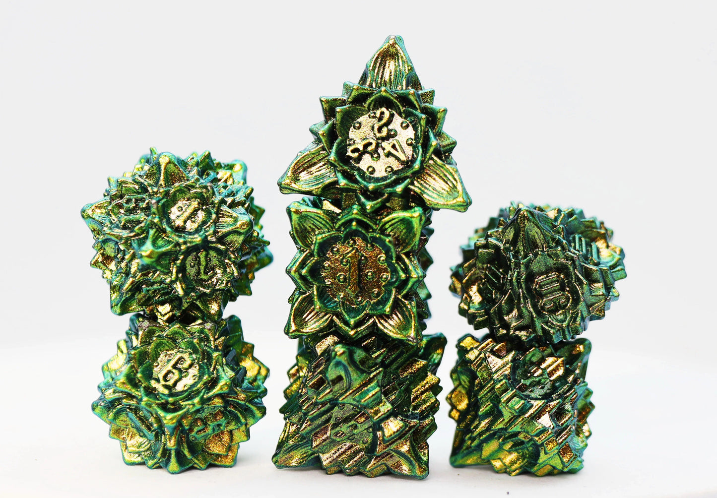 Floral Starburst: Frosted Undergrowth - Metal RPG Dice Set