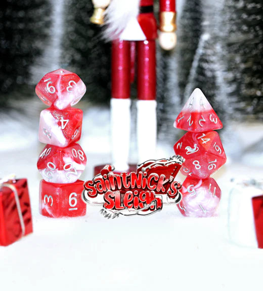 “Saint Nick’s Sleigh” Christmas Aether-Halfsies Dice (7 Polyhedral Dice Set)