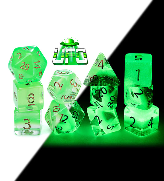 “UFO” Radiant Dice (Glow-in-the-Dark) (7 Polyhedral Dice Set)