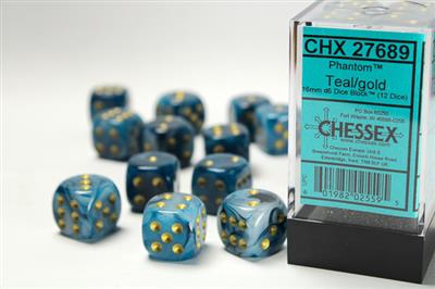 PHANTOM® 16MM D6 TEAL/GOLD DICE BLOCK™ (12 DICE)